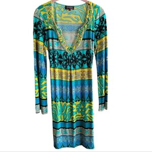 Hale Bob 100% Silk Beaded Trim Funky Print Dress Medium Long Sleeve Boho 90s